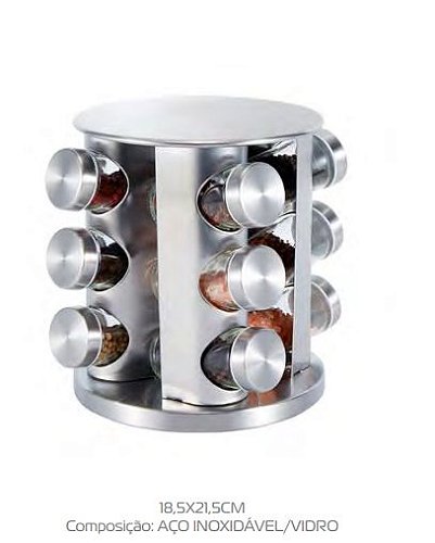 Galheteiro de Vidro e Inox 12pç. Redondo com Suporte Giratorio - 18,5cm x 21,5cm.